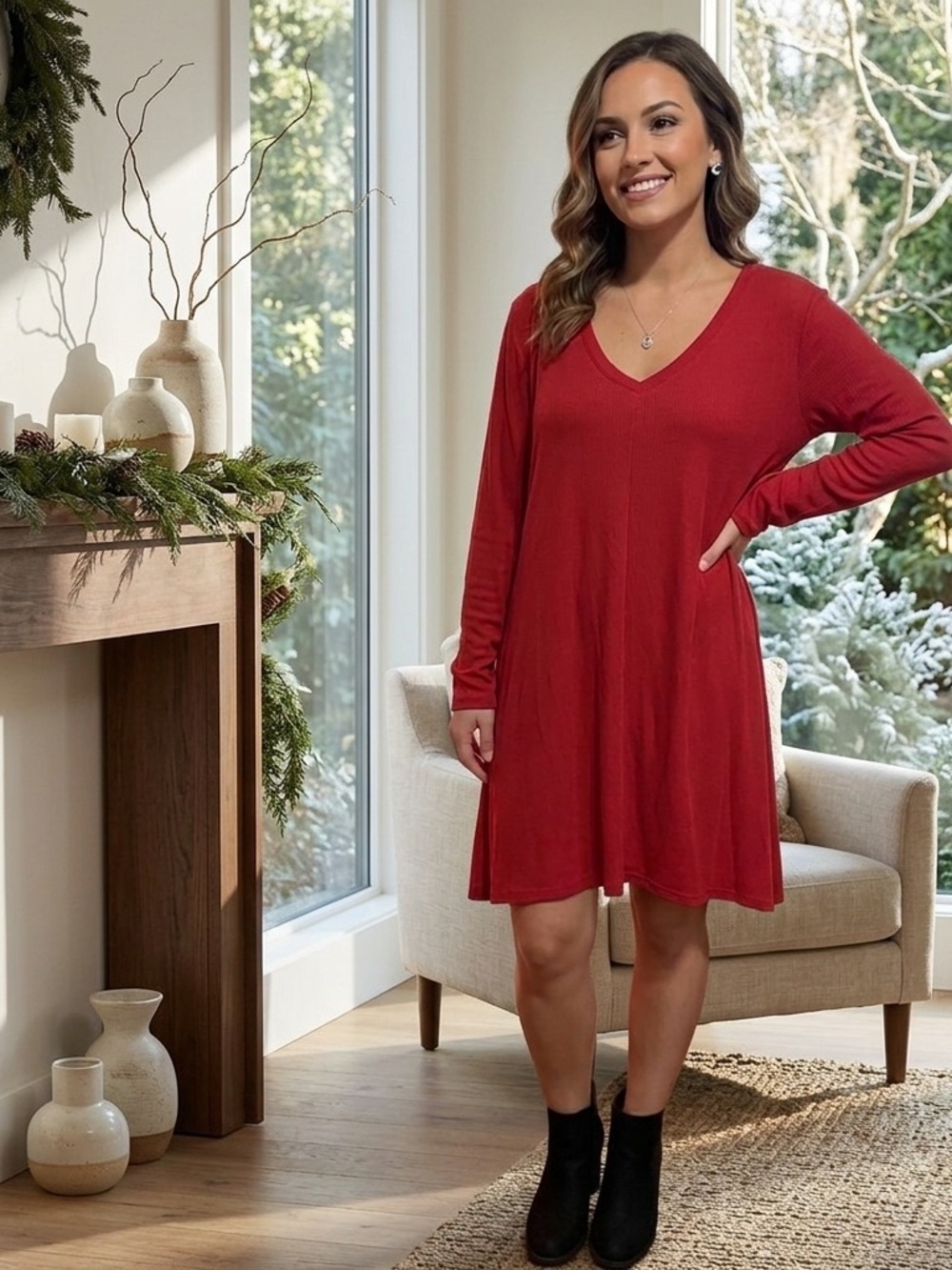 Fresh Produce Red Ribbed Long Sleeve Dress Size XL. Style # E492.
